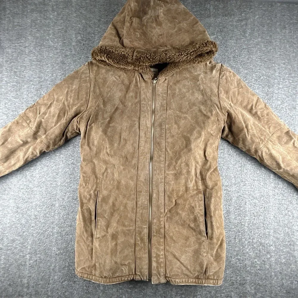 St Johns Bay Washable Suede Coat Womens Sz S 100% Leather Faux Fur Lined Hooded - Picture 2 of 10